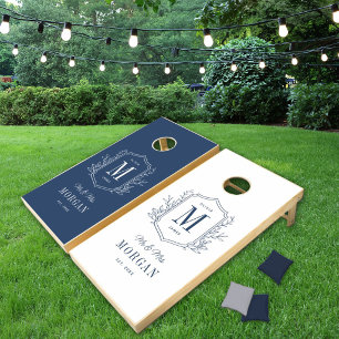 Elegant Navy White Monogram Mr and Mrs Wedding Cornhole Set
