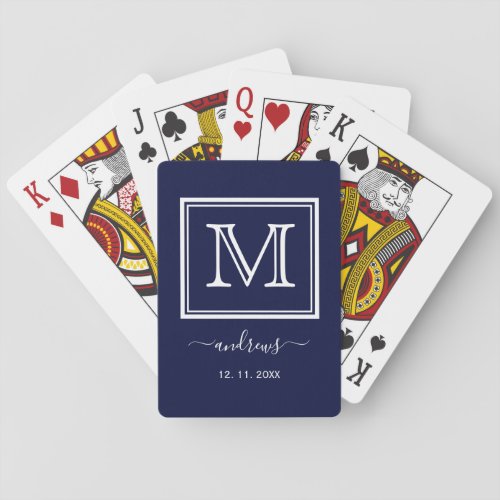 Elegant Navy white Monogram Stylish Script Name Poker Cards