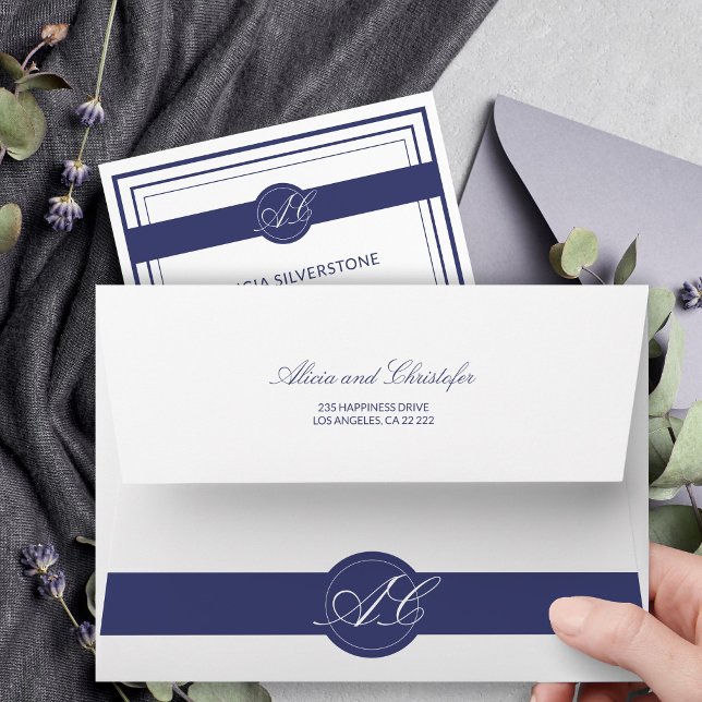 Elegant Navy White Monogrammed Wedding Envelope (Creator Uploaded)
