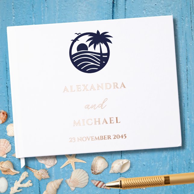 Elegant Navy White Palm Tree Coastal Wedding Foil Guest Book (Creator Uploaded)