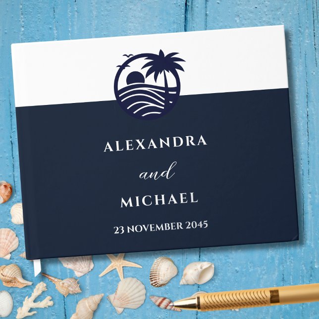 Elegant Navy White Palm Tree Coastal Wedding Foil Guest Book (Creator Uploaded)