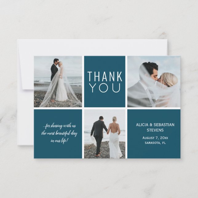 Elegant navy white photo collage wedding thank you (Front)