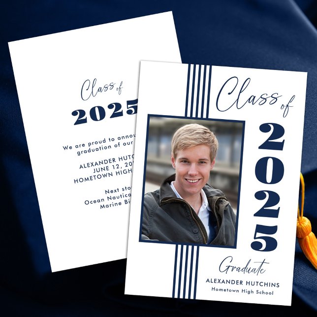 Elegant Navy White Photo Frame 2025 Graduation  Announcement (Creator Uploaded)