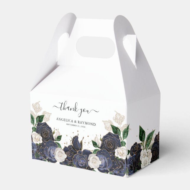 Elegant Navy & White Rose Florals Wedding  Favor Boxes (Front Side)