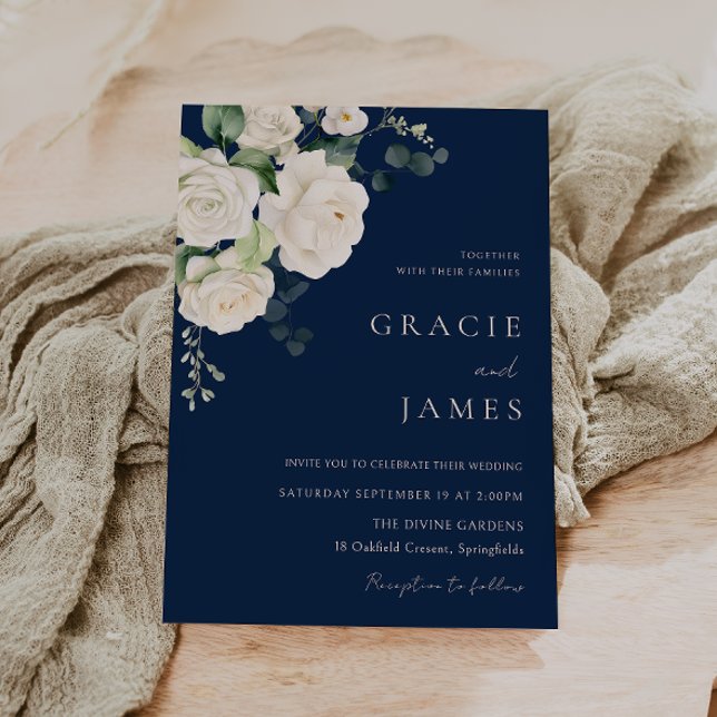 Elegant Navy & White Roses All Seasons Wedding  Invitation (Creator Uploaded)