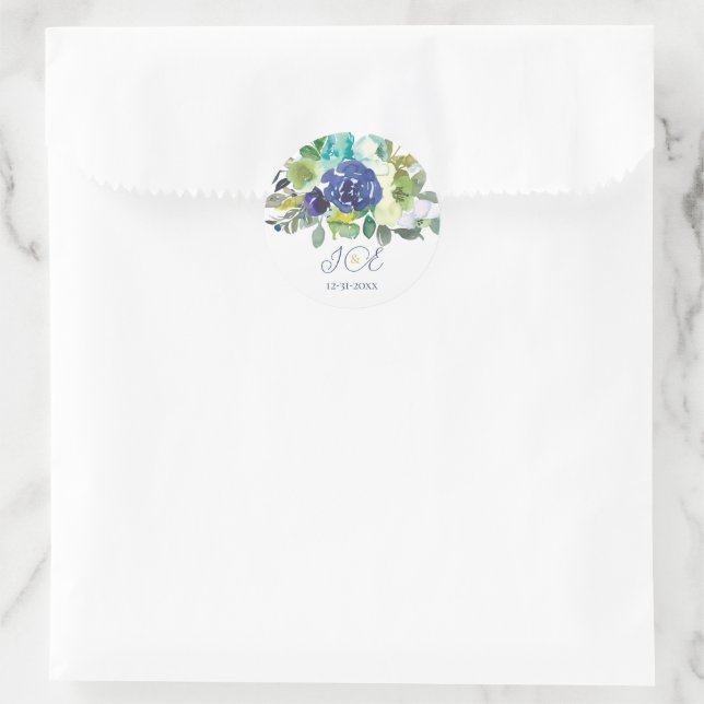 Elegant Navy White Roses Bridal Monogram Initials Classic Round Sticker (Bag)