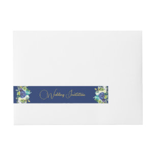 Elegant Navy & White Roses Yellow Gold Text Invite Wrap Around Address Label