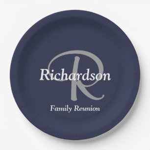 Elegant Navy White Silver Monogram Family Reunion Paper Plates