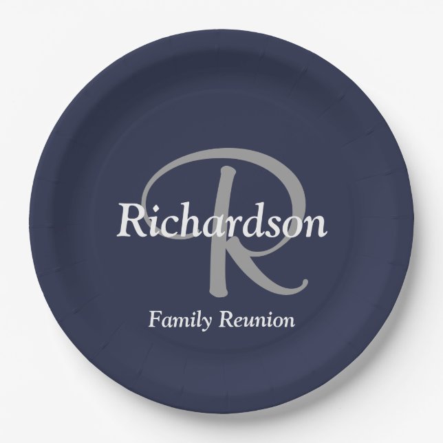 Elegant Navy White Silver Monogram Family Reunion Paper Plates (Front)