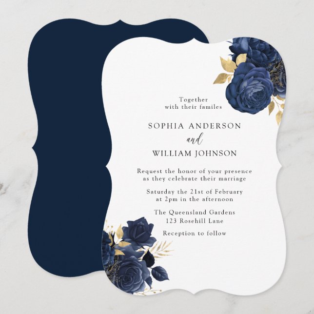 Elegant Navy & White Simple Modern Floral Wedding Invitation (Front/Back)