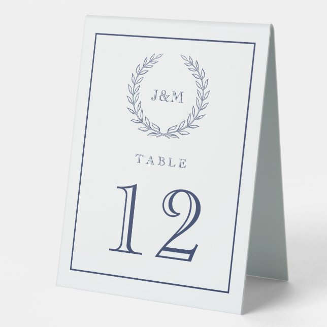 Elegant Navy White Simple Monogram Wedding Table Tent (Front)