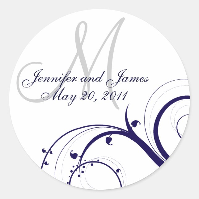 Elegant Navy White Swirl Monogram Wedding Seal (Front)