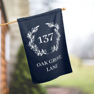 Elegant Navy White Wreath House Number Address Flag