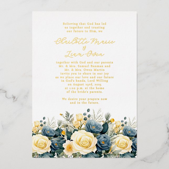 Elegant Navy & Yellow Floral Wedding Gold Foil Invitation (Front)