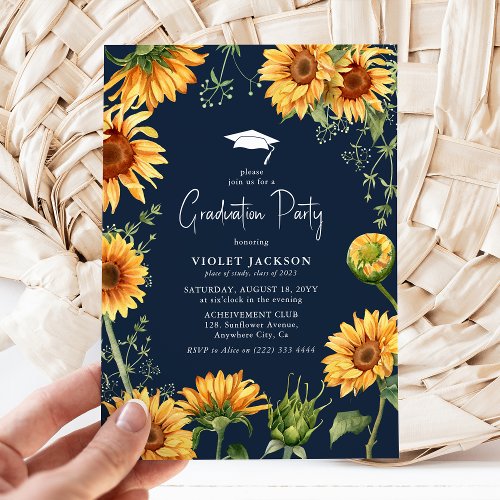Elegant Navy  Yellow Sunflower Floral Graduation  Invitation