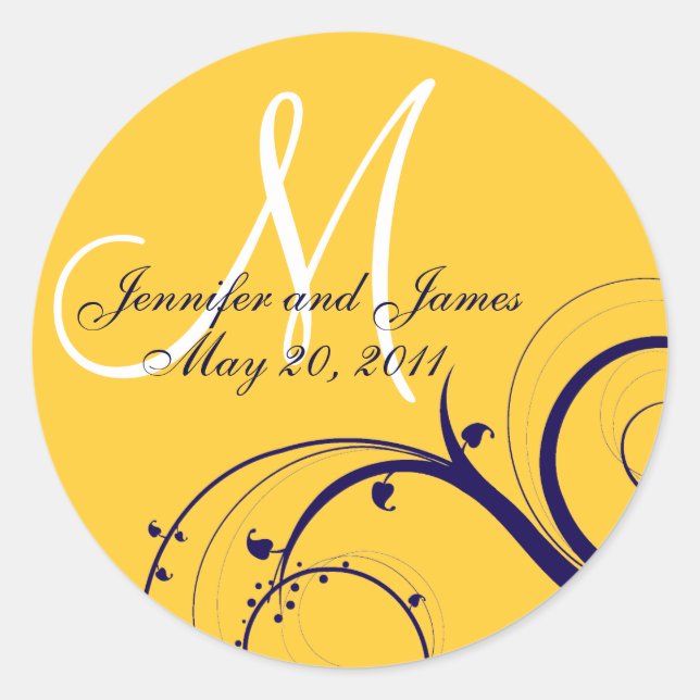 Elegant Navy Yellow Swirl Monogram Wedding Seal (Front)