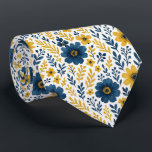 Elegant Neck Tie With Mediterranean Floral Art<br><div class="desc">This elegantly arranged classic Mediterranean botanical flower design showcases a vibrant pattern of yellow and dark blue flowers and leaves on a crips white background. Its unique and stylish appearance makes it perfect for the professional and sophisticated businessman,  blending both fashion and trendiness seamlessly.</div>