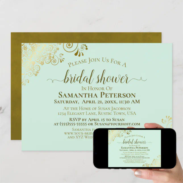 Elegant Neo Mint Green & Gold Lace Bridal Shower Invitation | Zazzle