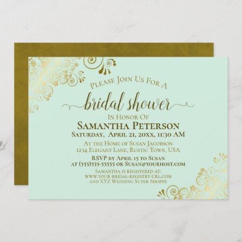 Elegant Neo Mint Green  Gold Lace Bridal Shower Invitation