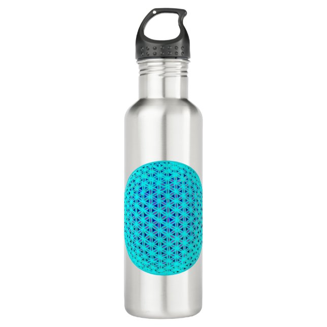 Elegant neon blue teal flower of life  stainless steel water bottle (Front)