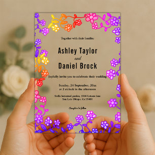 Elegant Neon Colorful Roses Modern Floral Wedding Acrylic Invitations