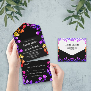 Elegant Neon Colors Roses Modern Floral Wedding All In One Invitation