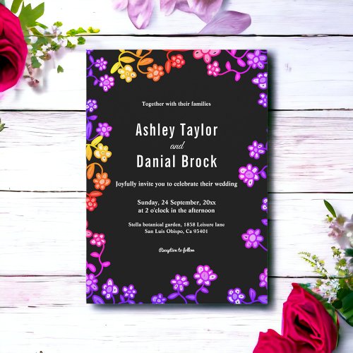 Elegant Neon Colors Roses Modern Floral Wedding Invitation