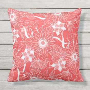 Elegant Neon Coral Pink White Floral Leaves Outdoor Pillow by BlackStrawberry_Co at Zazzle