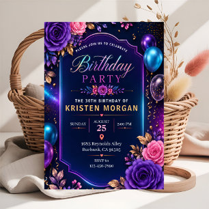 Elegant Neon Floral Birthday Party Invitation