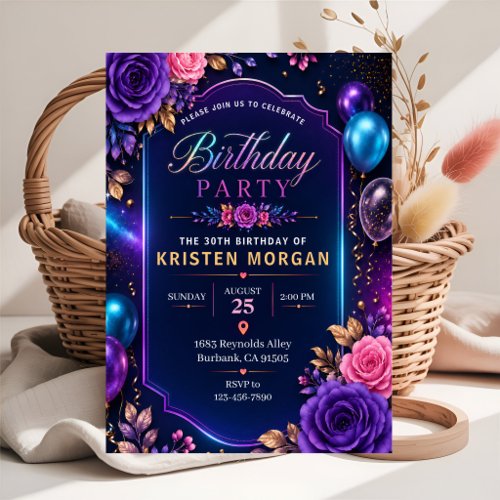 Elegant Neon Floral Birthday Party Invitation
