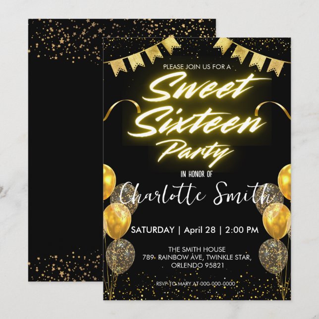Elegant neon Gold Balloo retro Sweet 16th Birthday Invitation (Front/Back)