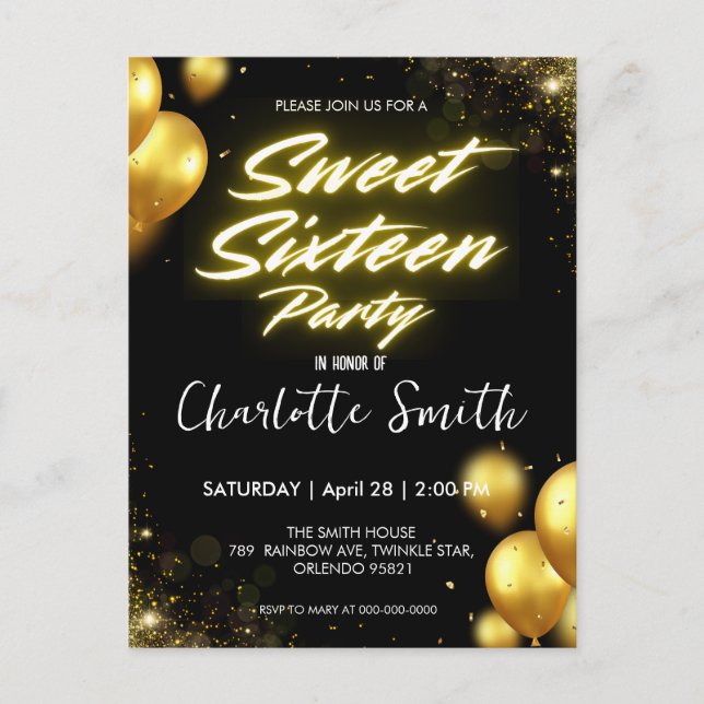 Elegant neon Gold Balloo retro Sweet 16th Birthday Postcard (Front)