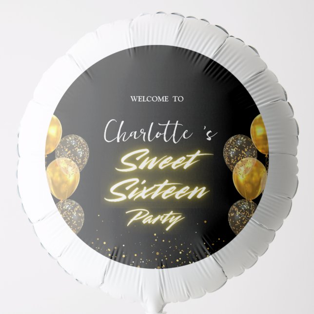 Elegant neon Gold Black retro Sweet 16th Birthday  Balloon (Front)