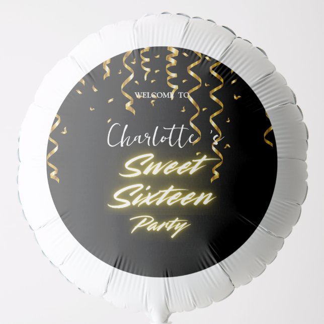 Elegant neon Gold Black retro Sweet 16th Birthday  Balloon (Front)