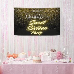 Elegant neon Gold Black retro Sweet 16th Birthday Banner