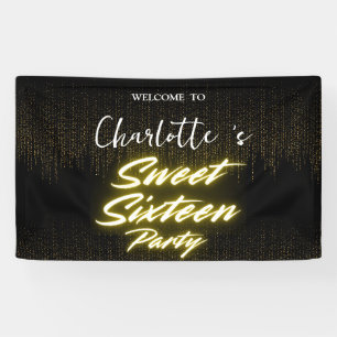 Elegant neon Gold Black retro Sweet 16th Birthday Banner