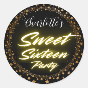 Elegant neon gold Black Retro Sweet 16th Birthday Classic Round Sticker