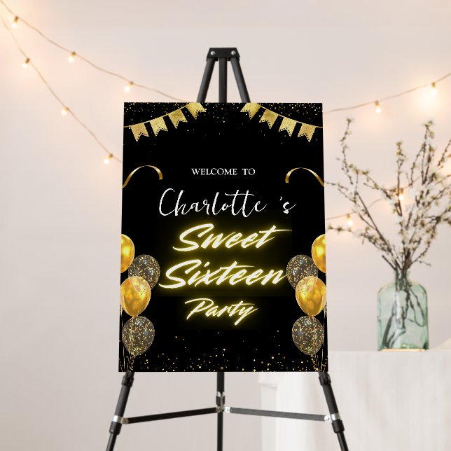 Elegant neon Gold Black retro Sweet 16th Birthday  Foam Board (In Situ (Stand))