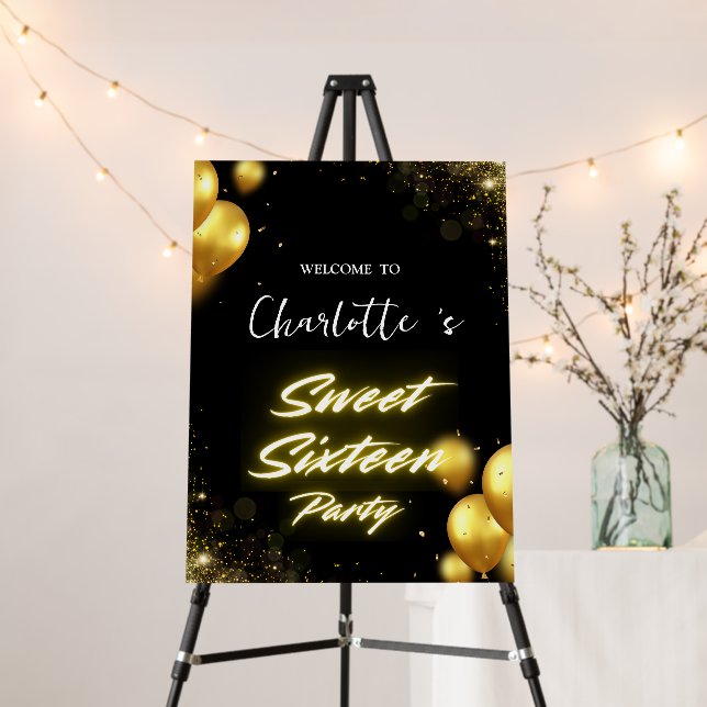 Elegant neon Gold Black retro Sweet 16th Birthday  Foam Board (In Situ (Stand))