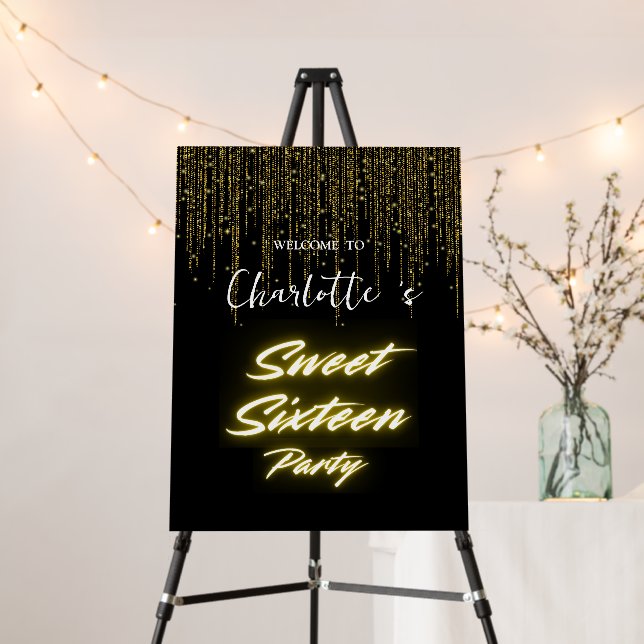 Elegant neon Gold Black retro Sweet 16th Birthday  Foam Board (In Situ (Stand))