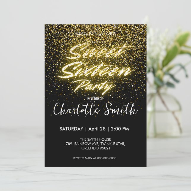 Elegant neon Gold Black retro Sweet 16th Birthday  Invitation (Standing Front)