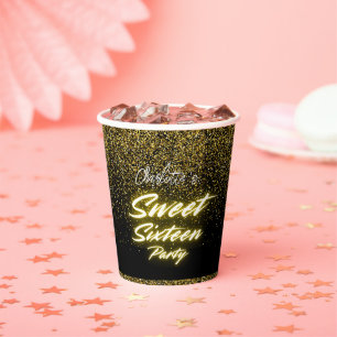 Elegant neon gold Black retro Sweet 16th Birthday Paper Cups