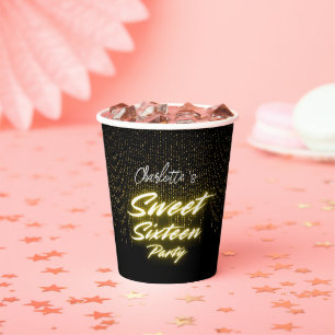Elegant neon gold Black retro Sweet 16th Birthday Paper Cups