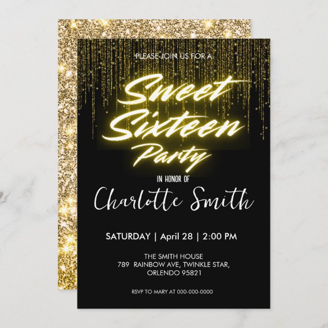 Elegant neon Gold Black retro Sweet 16th Birthday  Thank You Card (Front/Back)
