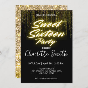 Elegant neon Gold Black retro Sweet 16th Birthday Thank You Card