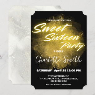 Elegant neon gold pink marble Sweet 16th Birthday Invitation