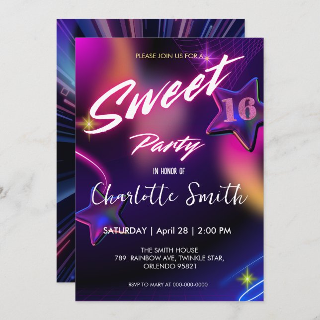 Elegant neon Gold pink retro Sweet 16th Birthday Invitation (Front/Back)