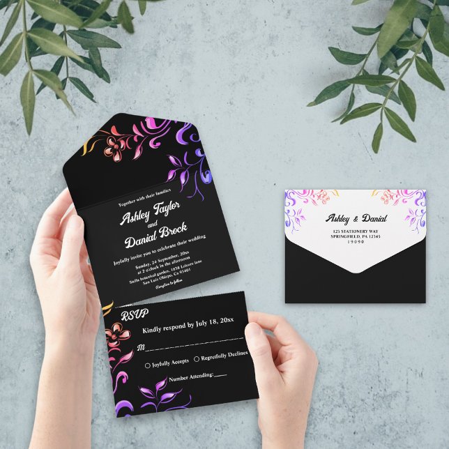 Elegant Neon Lights Roses Black Floral Wedding All In One Invitation (Creator Uploaded)
