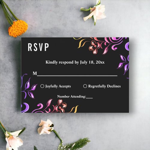 Elegant Neon Lights Roses Black Floral Wedding RSVP Card