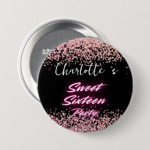 Elegant neon Pink Black retro Sweet 16th Birthday Button